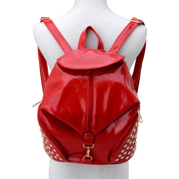 Backpack Red Leatherette Gold Studded - Picture 1 of 5